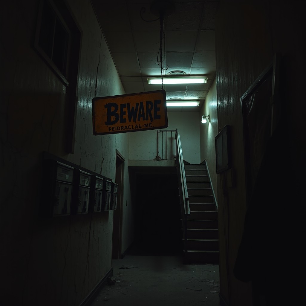 A dimly lit, eerie apartment building entrance that conveys a sense of foreboding and mystery