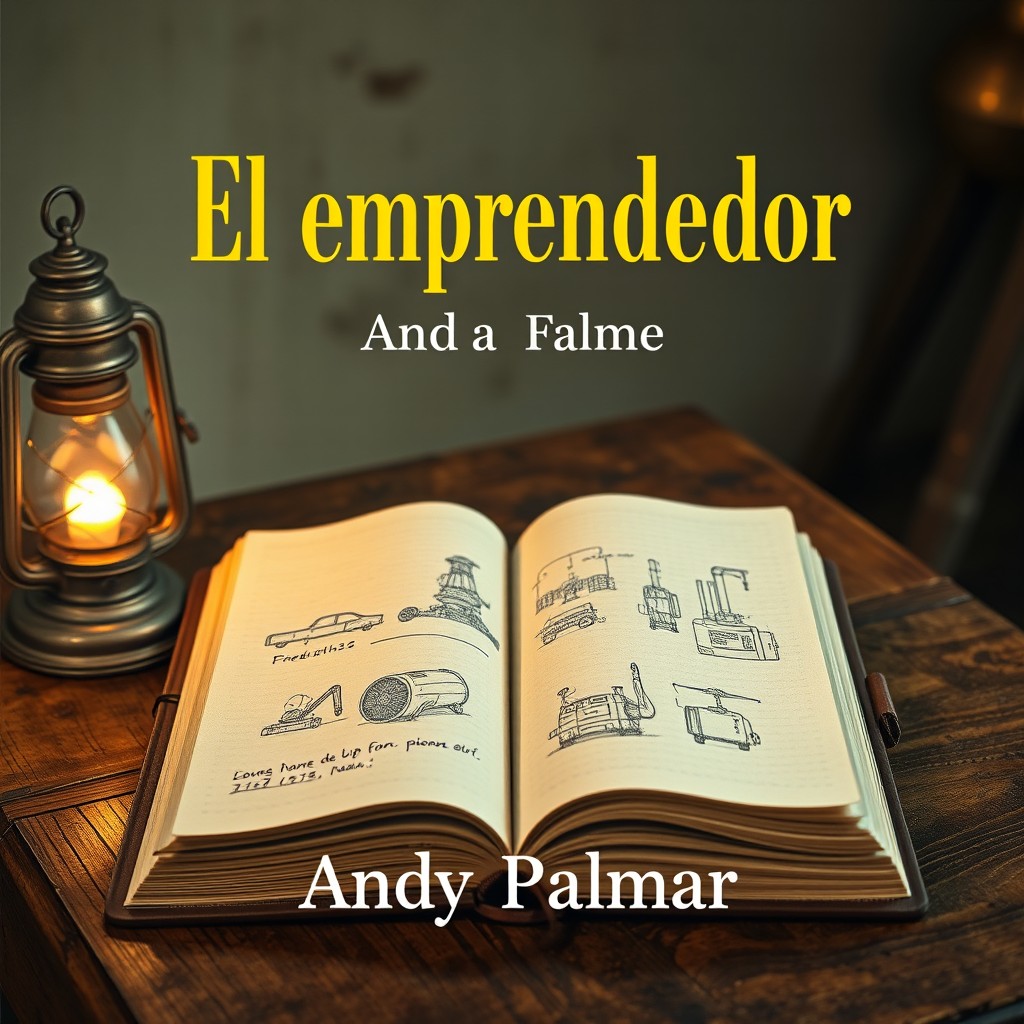 A book cover design featuring a full-page image of an open notebook in the foreground, showing hand-drawn sketches of an industrial machine on its pages