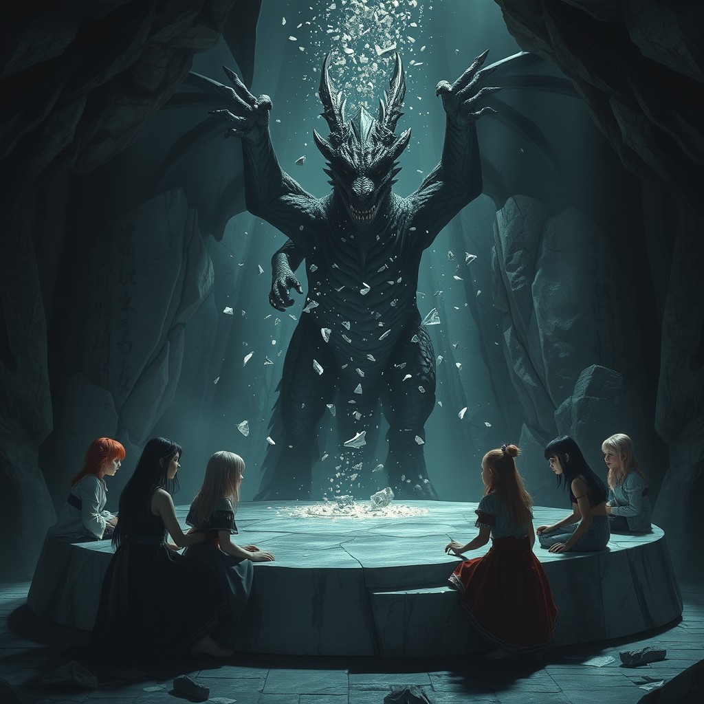 From the depths of a fractured marble altar in a dark cave, an ancient black dragon rises, scattering shards onto the heads of ten girls sitting around the altar