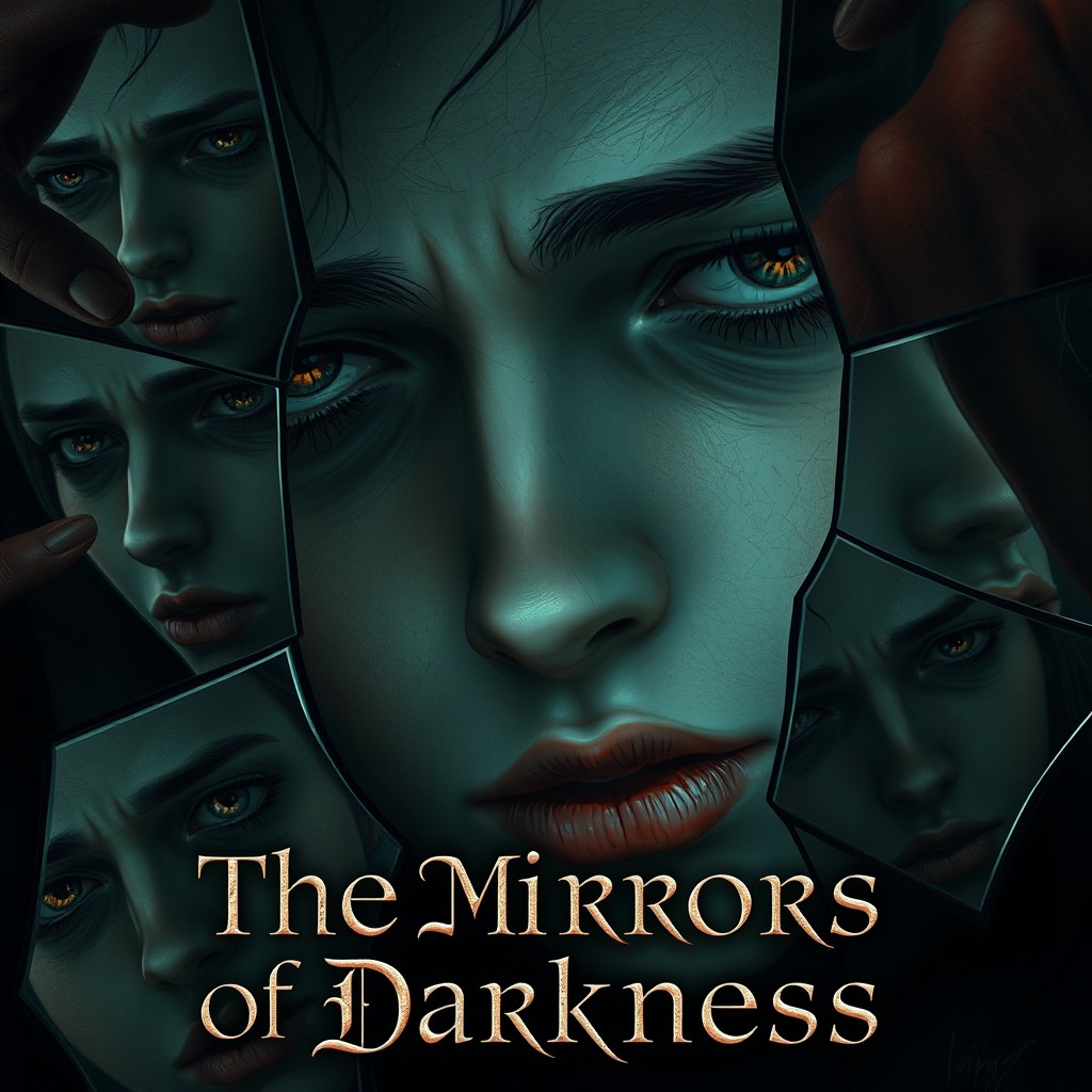 A close-up of a face (either Ari or Irya) reflected in multiple fragmented mirrors, each piece showing a different distorted version of the face, embodying various deadly sins such as wrath, greed, lust, etc