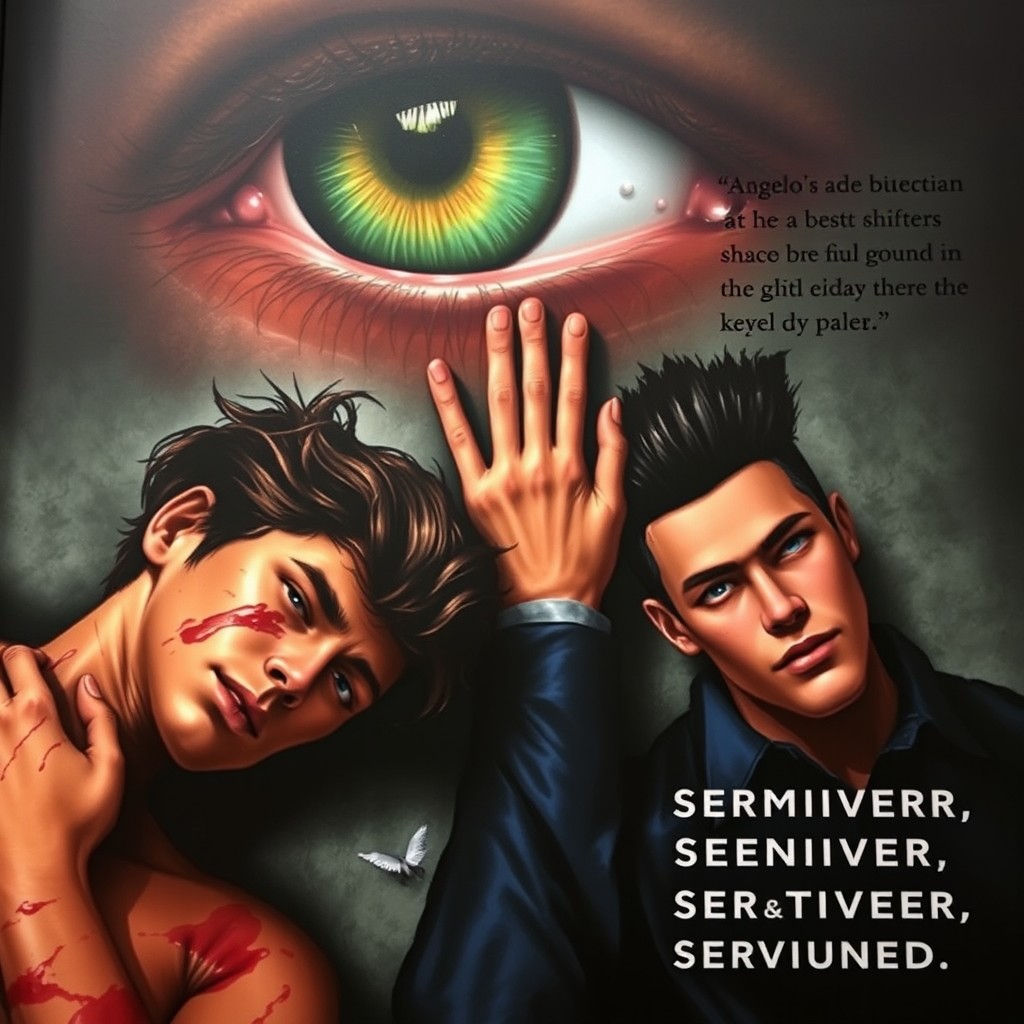 A dramatic book cover featuring Angelo, a male character with tanned skin, medium-dark brown hair of medium length, and brown eyes, showing injury and covered in blood