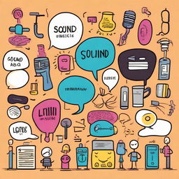 A vibrant cartoon drawing that showcases the importance of sounds in our society. People and objects creating different types of sound, with speech bubbles indicating the sound effects, to demonstrate the vital role they play