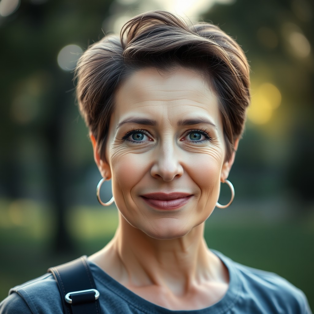 A portrait of a confident 40-something woman with a tracheostomy, showcasing her strength and resilience