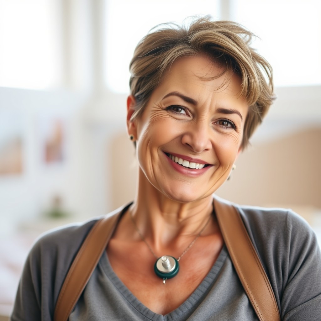 A portrait of a resilient 40-something woman with a tracheostomy button prominently located at the base of her throat