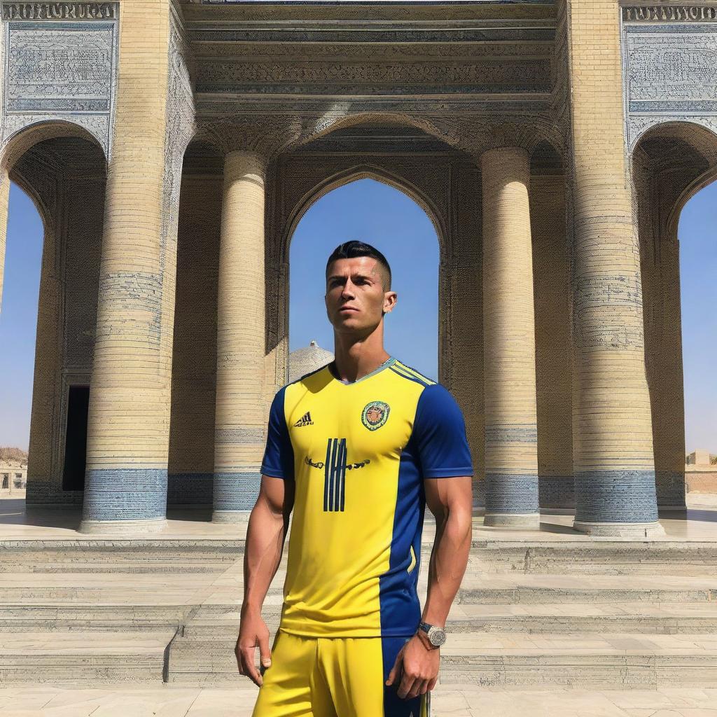 Cristiano Ronaldo playing football for Pakhtakor FC in Uzbekistan, surrounded by beautifully detailed Uzbek architecture and under a radiant sun.