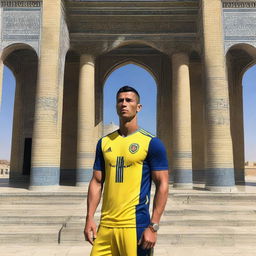 Cristiano Ronaldo playing football for Pakhtakor FC in Uzbekistan, surrounded by beautifully detailed Uzbek architecture and under a radiant sun.