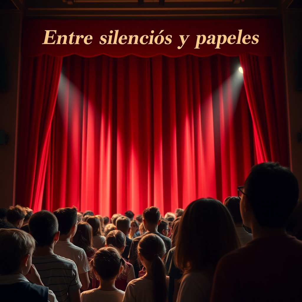 A theatrical scene titled "Entre silencios y papeles" featuring a grand red curtain slowly falling