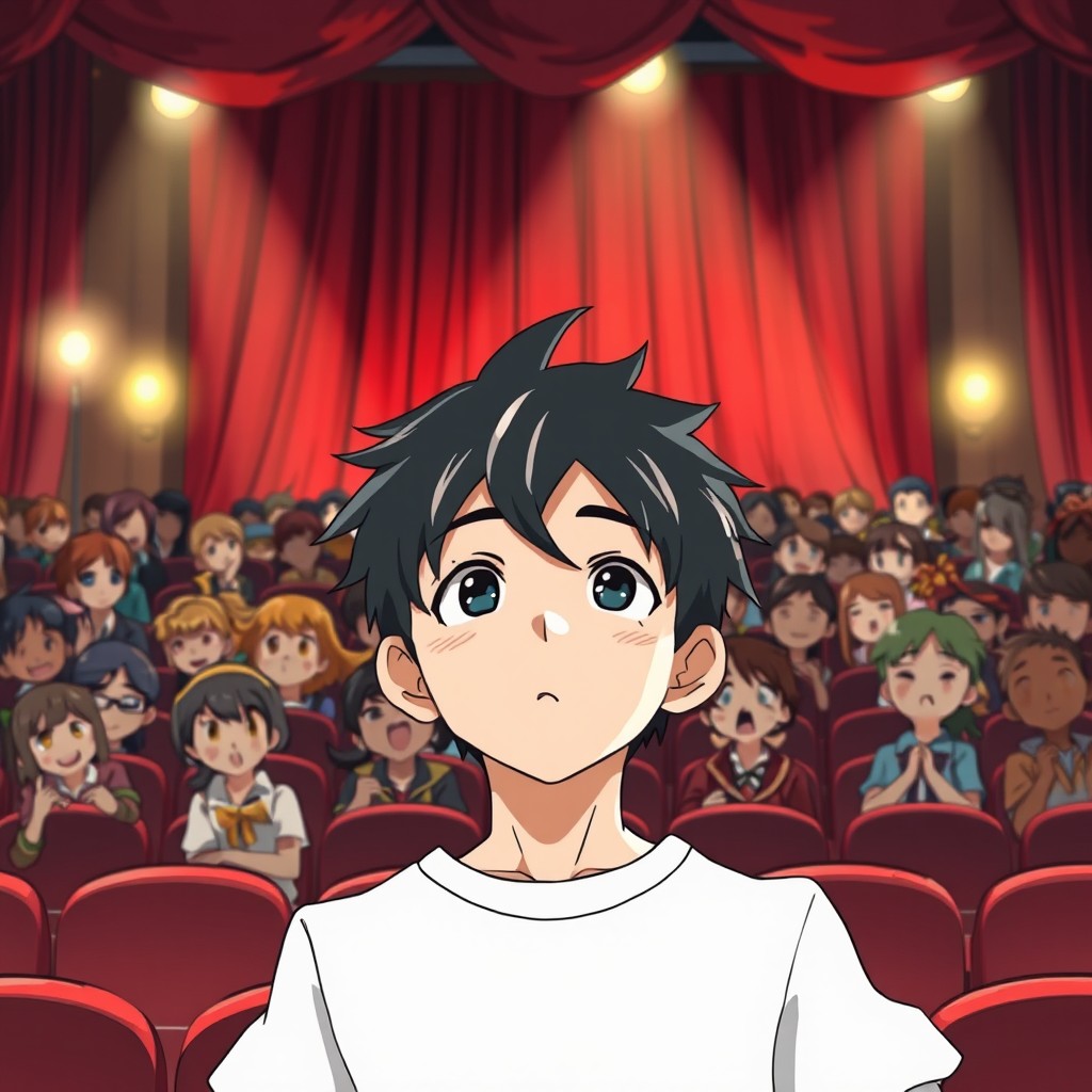 An anime-style scene titled "Entre silencios y papeles" featuring the main boy character in the foreground, set against a theatrical backdrop with a grand red curtain slowly falling