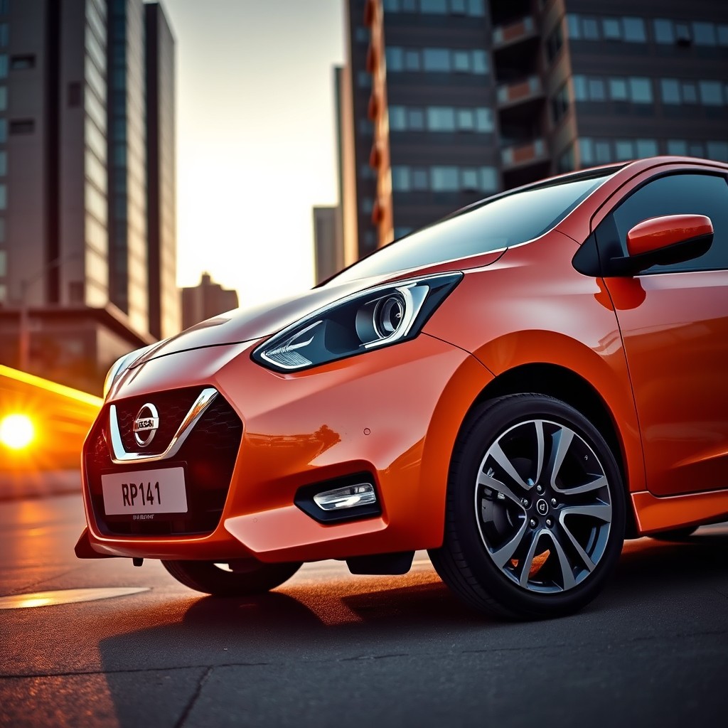 A sleek and modern Nissan Micra K14 parked in an urban setting, showcasing its stylish design and vibrant color