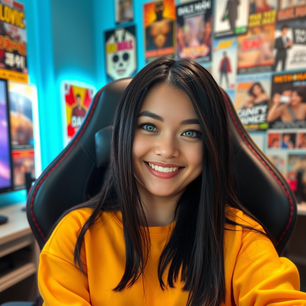 A 20-year-old woman with straight black hair and green eyes, smiling brightly while sitting in a gamer chair