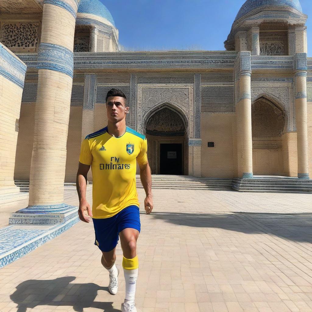 Cristiano Ronaldo playing football for Pakhtakor FC in Uzbekistan, surrounded by beautifully detailed Uzbek architecture and under a radiant sun.