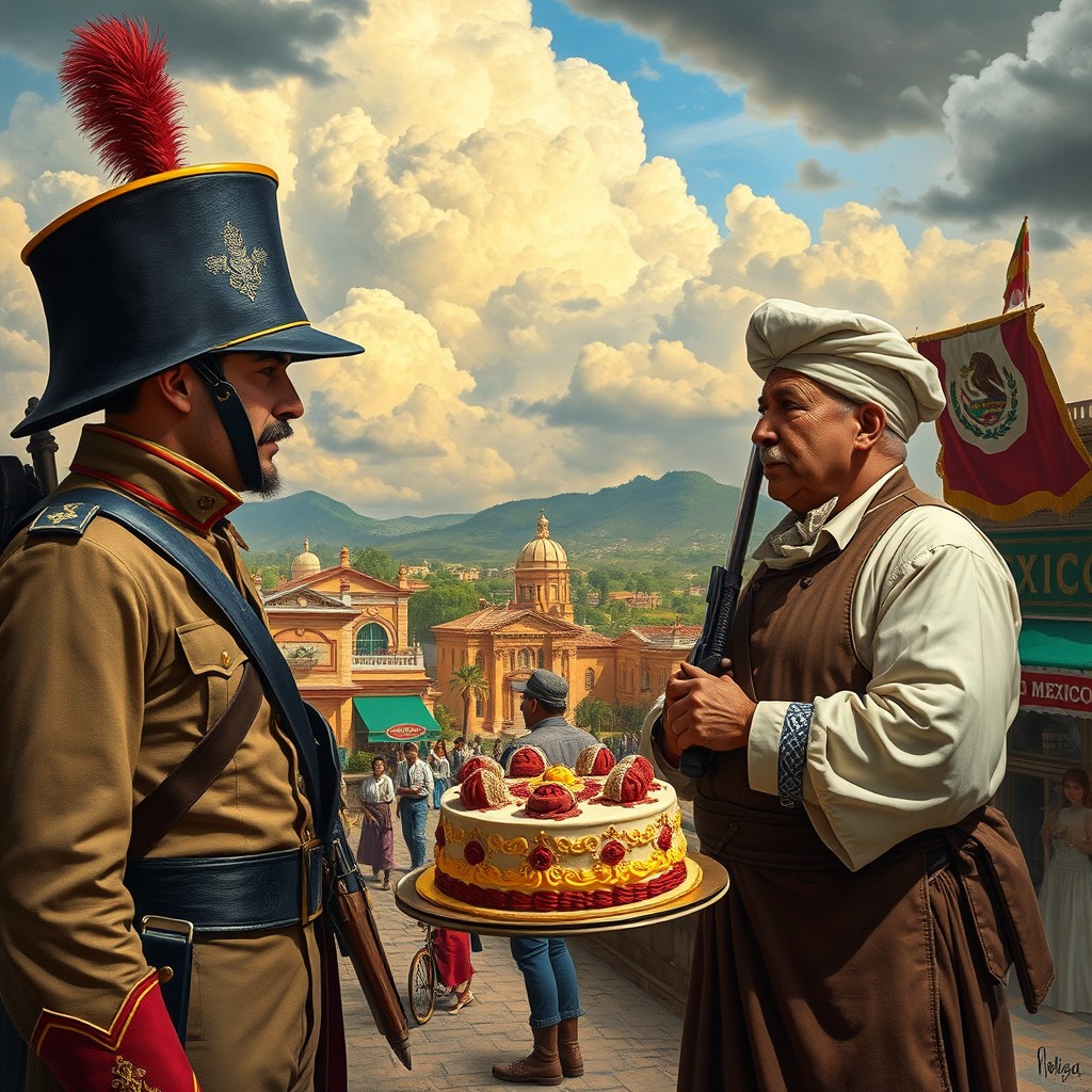 A historical reenactment of the Pastry War, depicting French troops in 1860s military attire invading Mexico