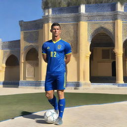 Cristiano Ronaldo playing football for Pakhtakor FC in Uzbekistan, surrounded by beautifully detailed Uzbek architecture and under a radiant sun.