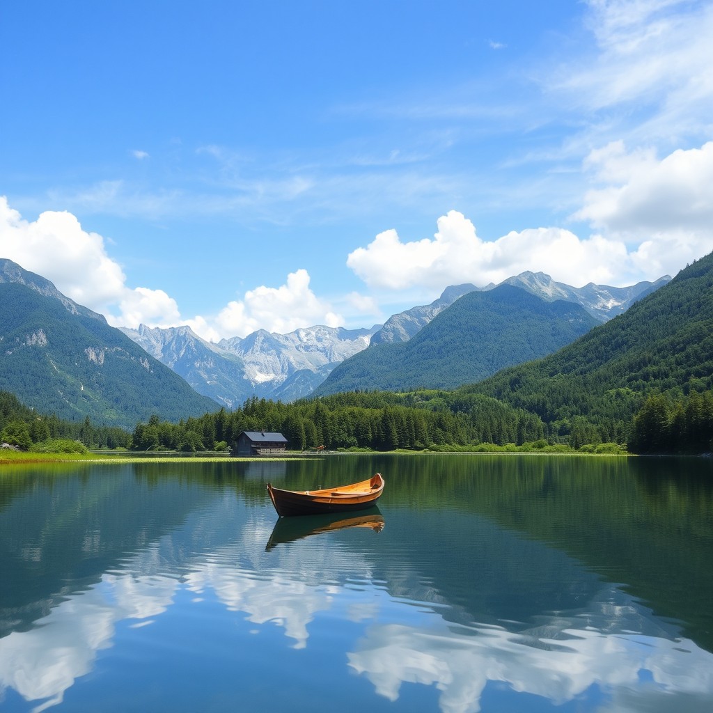 A serene landscape featuring a tranquil lake surrounded by lush greenery, with majestic mountains in the distance under a bright blue sky