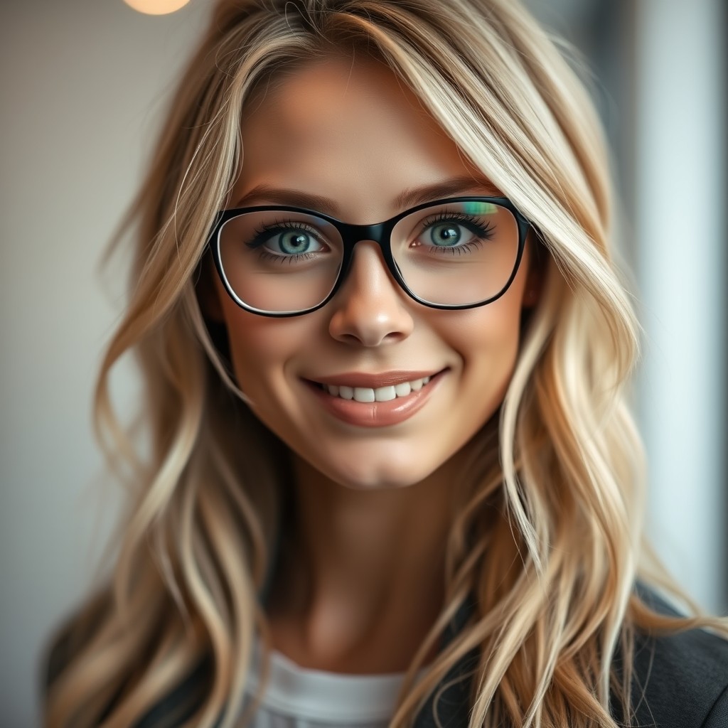 A striking portrait of a blonde woman wearing stylish glasses, showcasing her captivating green eyes