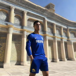 Cristiano Ronaldo playing football for Pakhtakor FC in Uzbekistan, surrounded by beautifully detailed Uzbek architecture and under a radiant sun.