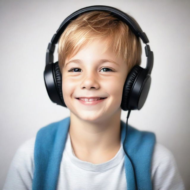 An image of a young boy, lost in thought, listening to music through his headphones. His eyes are closed and he is smiling softly, indicating his enjoyment.