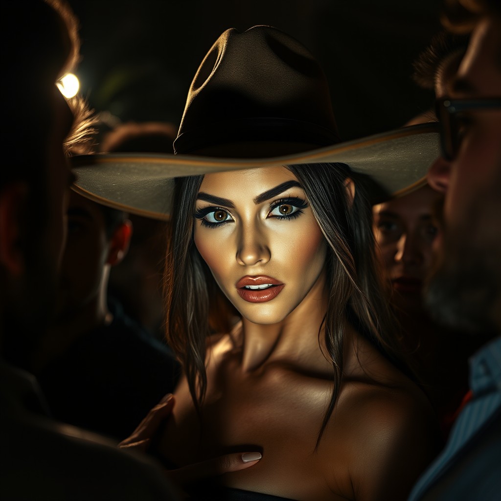 A dramatic scene of a bold woman surrounded by a group of men, showcasing a vibrant nightlife atmosphere