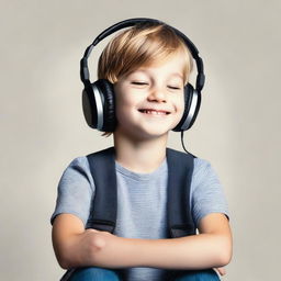 An image of a young boy, lost in thought, listening to music through his headphones. His eyes are closed and he is smiling softly, indicating his enjoyment.