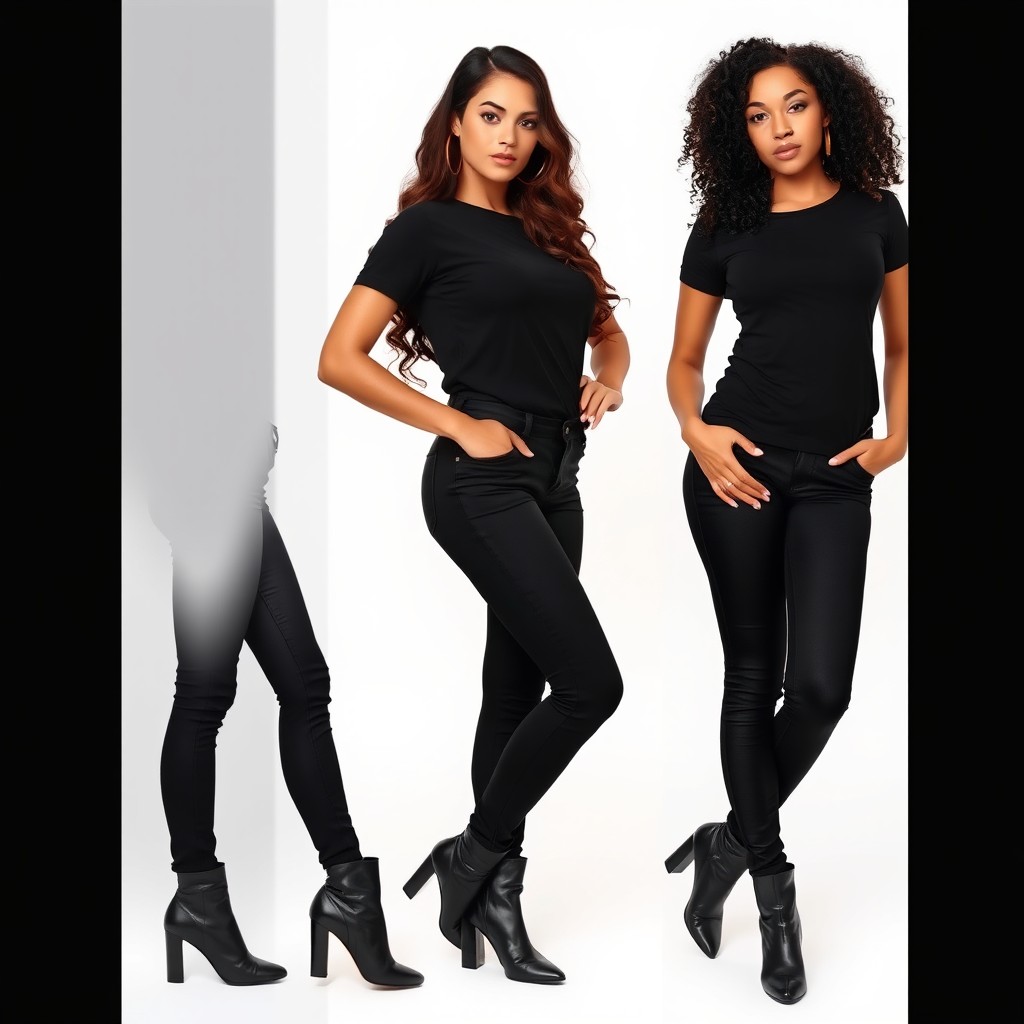A scene featuring two tall women posing confidently, wearing stylish black t-shirts, black jeans fitted up to the waist, and sleek black boots