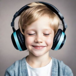 An image of a young boy, lost in thought, listening to music through his headphones. His eyes are closed and he is smiling softly, indicating his enjoyment.