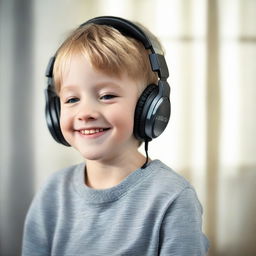 An image of a young boy, lost in thought, listening to music through his headphones. His eyes are closed and he is smiling softly, indicating his enjoyment.