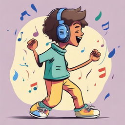 A colorful cartoon drawing of a boy deeply immersed in music. He wears oversized headphones and his eyes are closed in enjoyment, a wide smile on his face as he taps his feet to the rhythm.