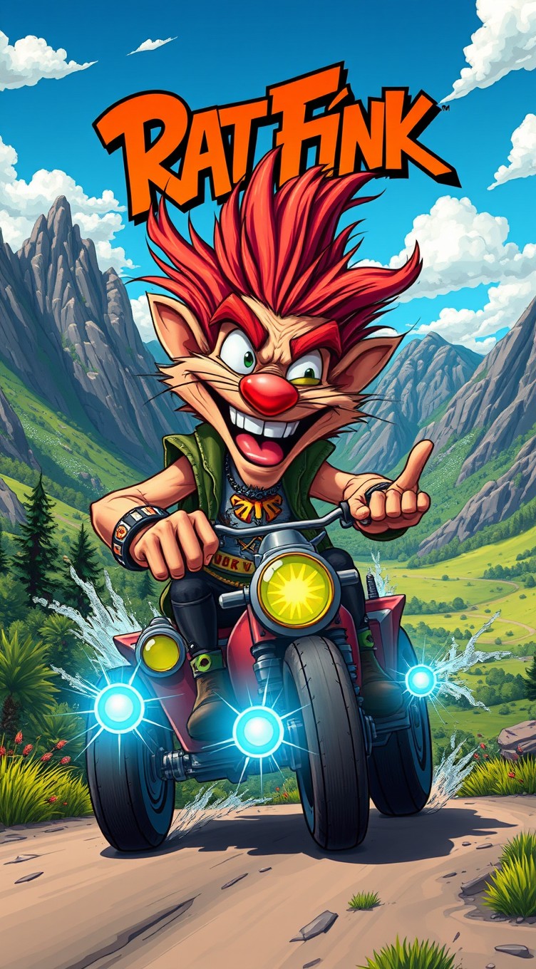A vibrant and colorful illustration featuring Rat Fink, the iconic character with exaggerated features and wild, unkempt hair