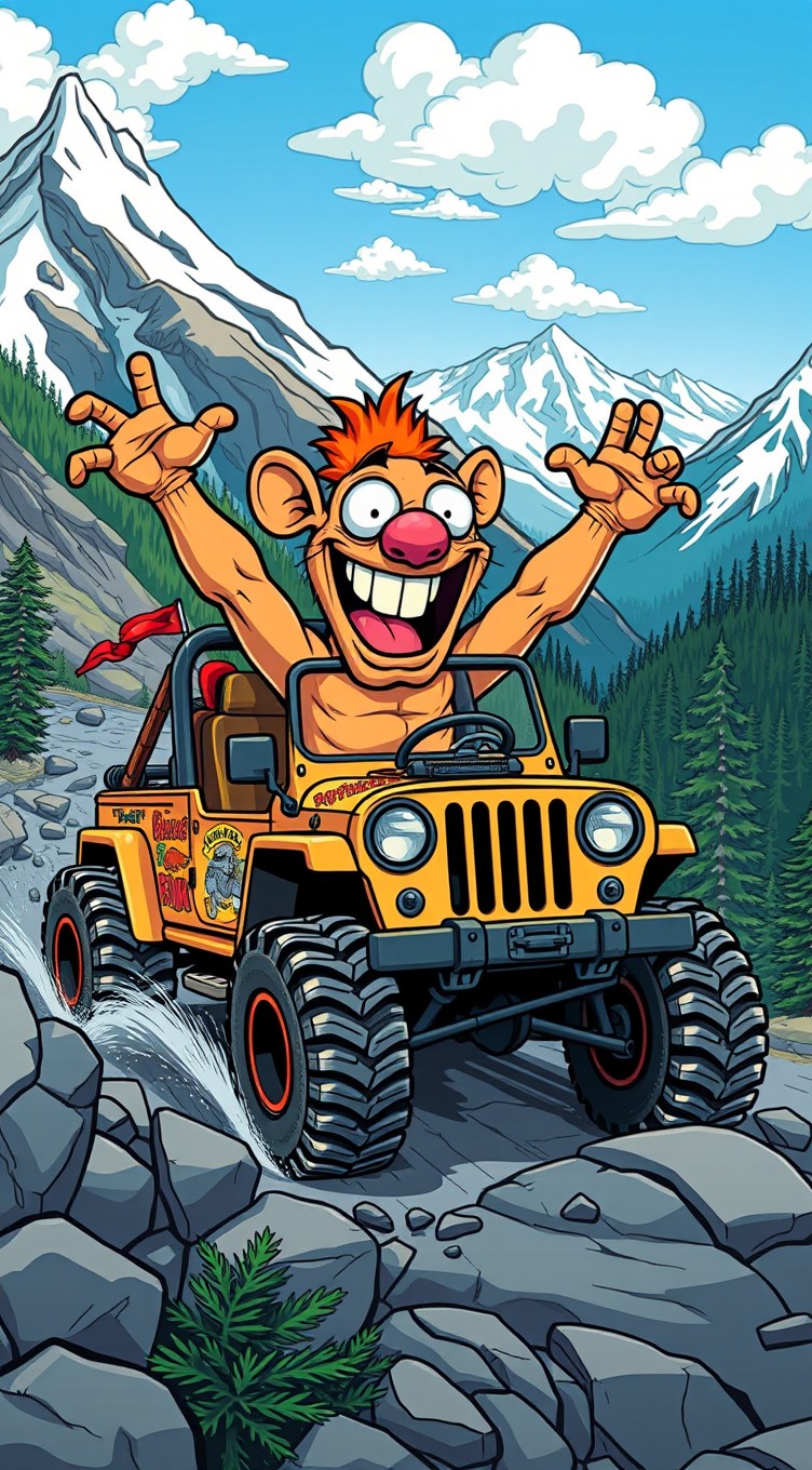 A fun and lively illustration featuring Rat Fink, the iconic character known for his exaggerated features and wild style, driving a rugged jeep through a stunning mountain landscape