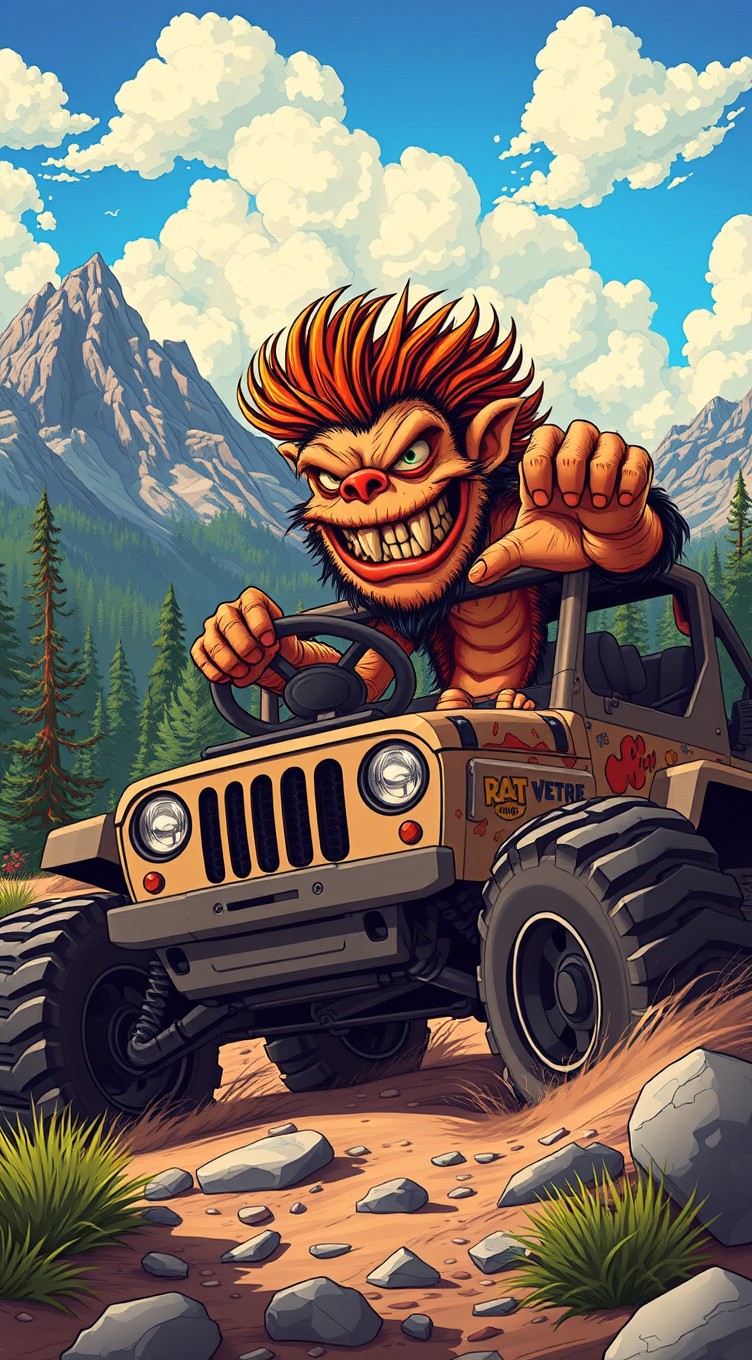 An exciting illustration featuring a Rat Fink-inspired monster, characterized by oversized features, wild hair, and a mischievous expression, driving a rugged jeep through a breathtaking mountain landscape