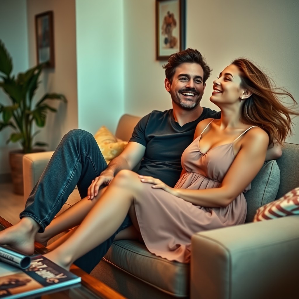 A man sitting comfortably on a woman's lap, exuding a casual and relaxed vibe