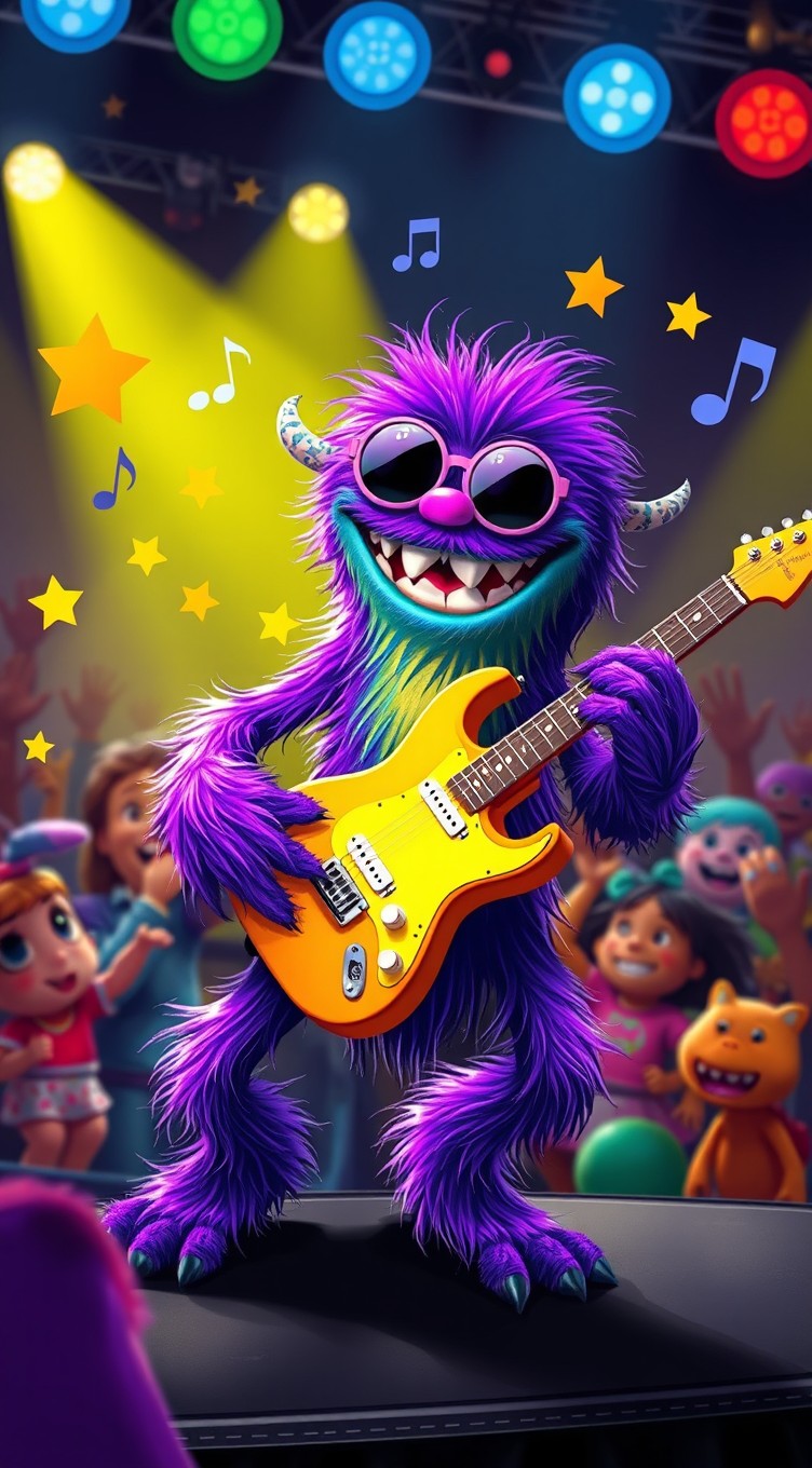 A whimsical, colorful monster with large googly eyes and a wide, toothy grin, energetically strumming a bright electric guitar on stage
