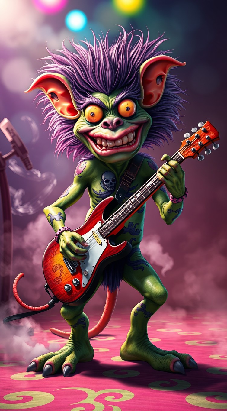 A Rat Fink-inspired monster with exaggerated features, including wild hair, bulging eyes, and a toothy grin, passionately playing a classic electric guitar