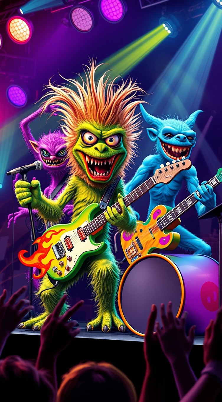 A vibrant Rat Fink-inspired monster band performing on stage, featuring a variety of exaggerated monsters