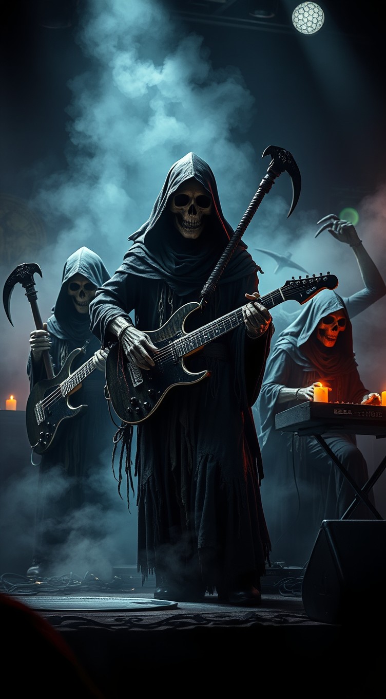 A dark and eerie band composed of intimidating Grim Reaper figures, each with unique ominous designs