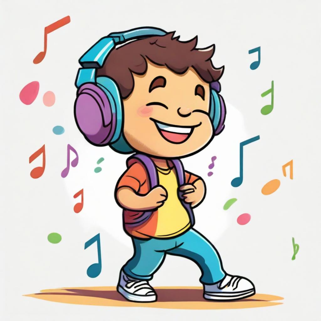 A colorful cartoon drawing of a boy deeply immersed in music. He wears oversized headphones and his eyes are closed in enjoyment, a wide smile on his face as he taps his feet to the rhythm.