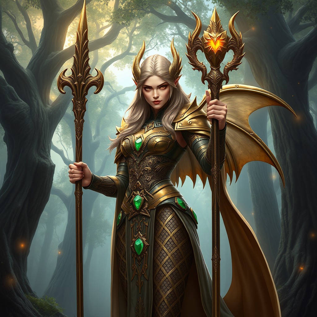 A majestic female dragonborn with gleaming bronze scales, standing proudly in an ancient, mystical forest