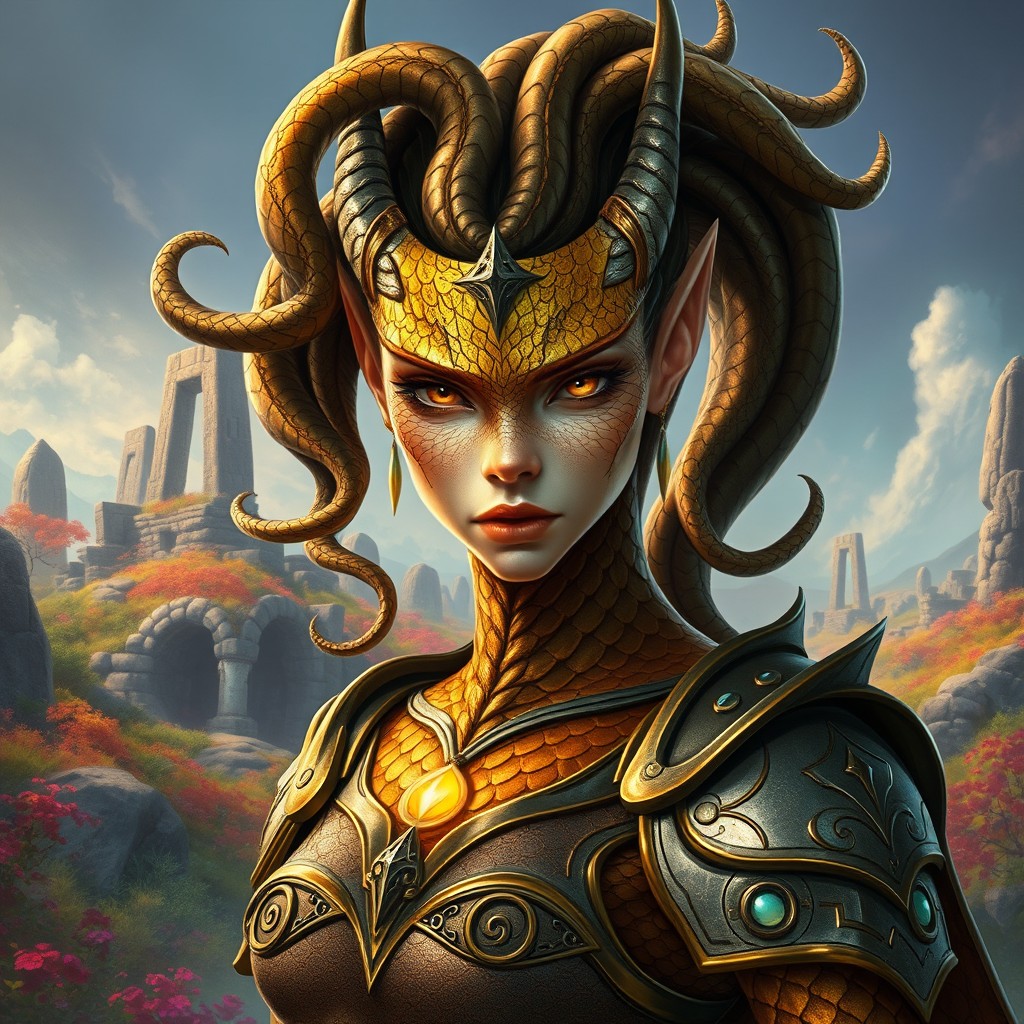 A striking female dragonborn with shimmering bronze scales that glisten in the light