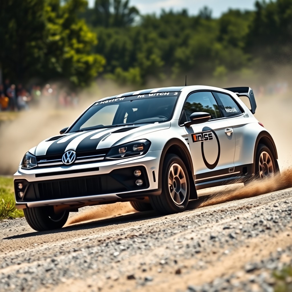 A sleek Volkswagen K3 rally car, featuring a pristine white exterior with bold black racing stripes and rings