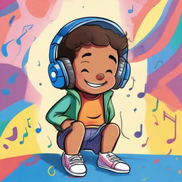 A colorful cartoon drawing of a boy deeply immersed in music. He wears oversized headphones and his eyes are closed in enjoyment, a wide smile on his face as he taps his feet to the rhythm.