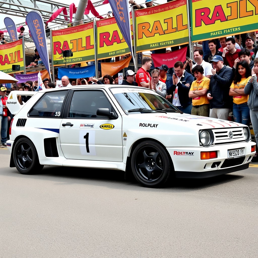 A 1997 Volkswagen K3 rally car, painted in a glossy white color with sleek black rims, parked confidently in a vibrant rally setting