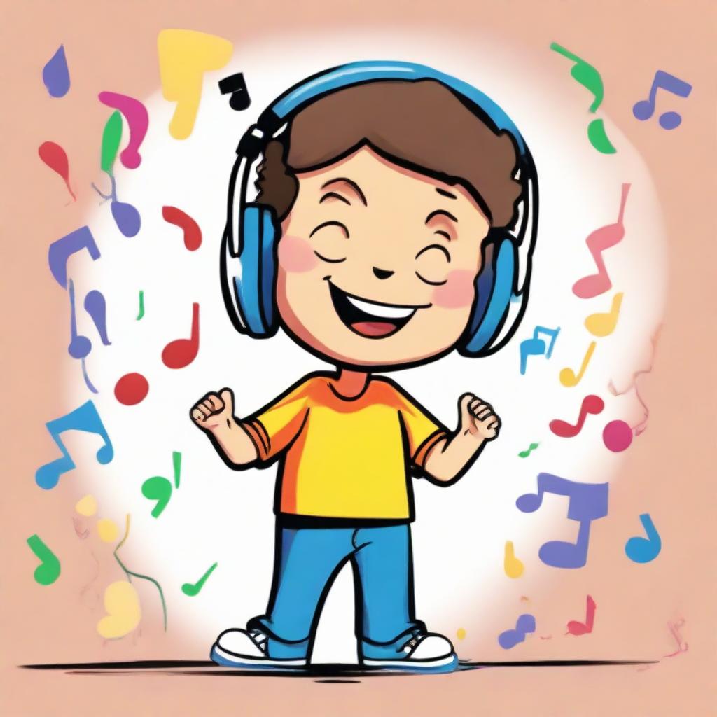 A colorful cartoon drawing of a boy deeply immersed in music. He wears oversized headphones and his eyes are closed in enjoyment, a wide smile on his face as he taps his feet to the rhythm.