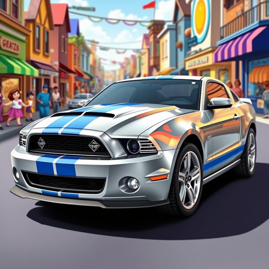 A silver 2014 Mustang GT featuring striking blue racing stripes, set in a vibrant and stylized cartoonish environment reminiscent of a lively car town