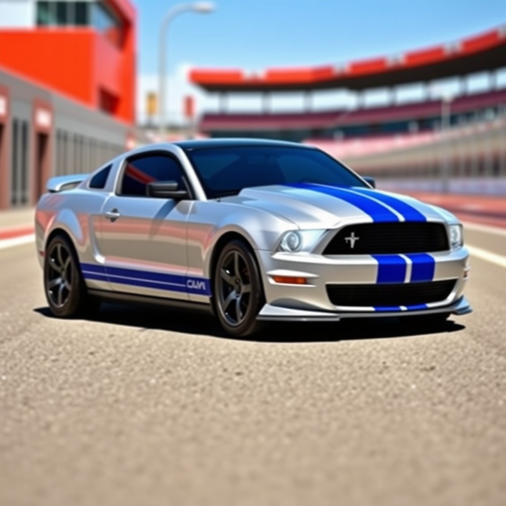 A 2014 silver Mustang GT with blue stripes, designed in a stylized mini-car aesthetic