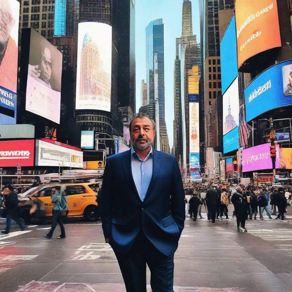 Sherdil Mamarjabov walking in Times Square, surrounded by the bright LED billboards, bustling crowd, and vibrant city life of New York.