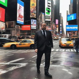 Sherdil Mamarjabov walking in Times Square, surrounded by the bright LED billboards, bustling crowd, and vibrant city life of New York.