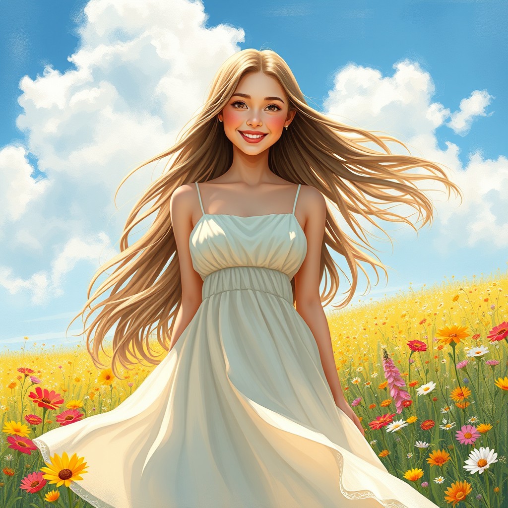 A beautiful young woman, with long flowing hair and captivating eyes, standing in a sunlit meadow filled with colorful wildflowers