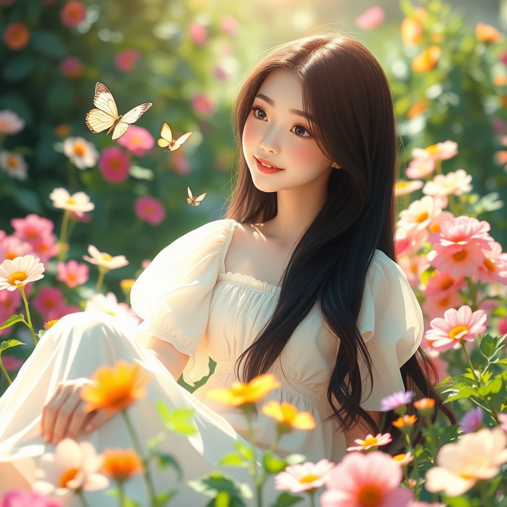 A beautiful Asian girl with long black hair, wearing a flowy pastel dress