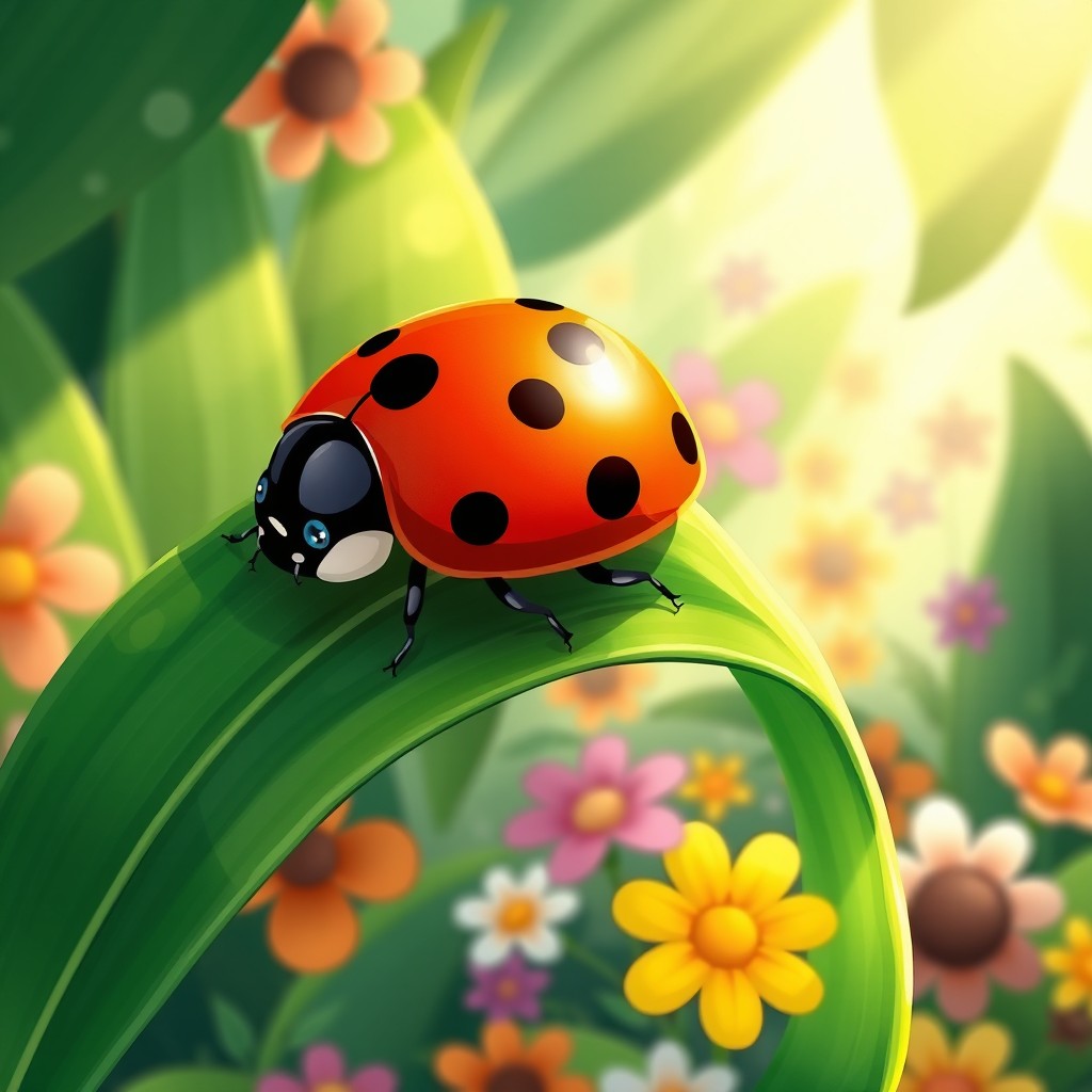 A whimsical illustration of a vibrant and colorful mariquita (ladybug) perched on a lush green leaf