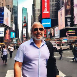 Sherdil Mamarjabov walking in Times Square, surrounded by the bright LED billboards, bustling crowd, and vibrant city life of New York.